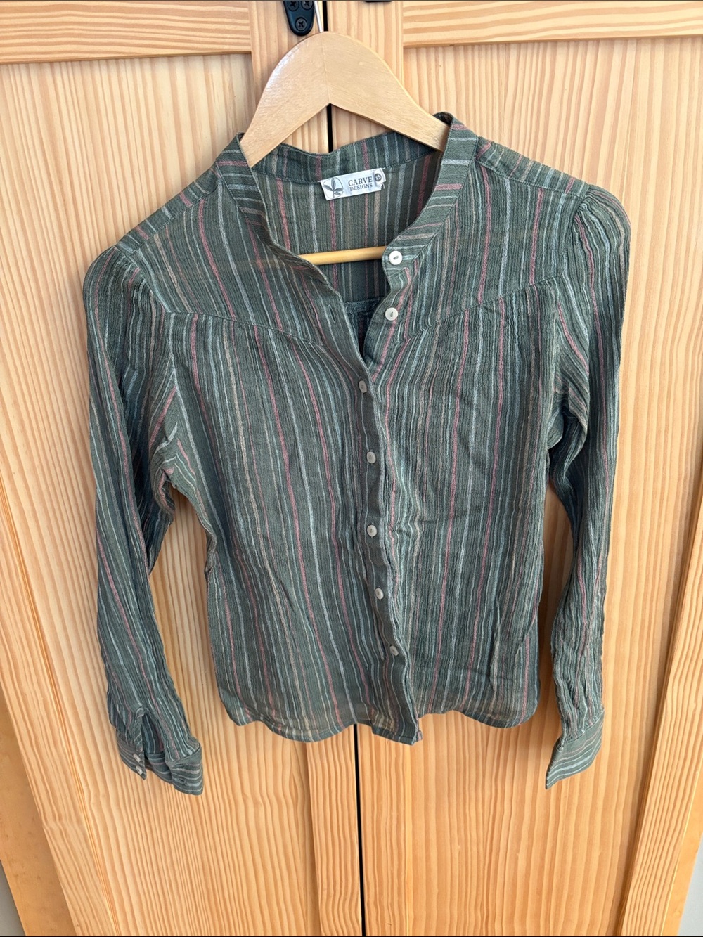 Carve Designs Green Striped Button-Front Shirt with Pink Accents